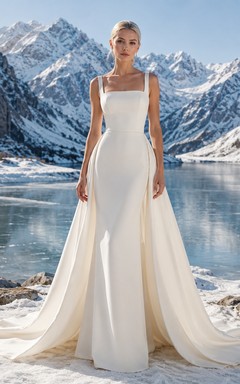 Robe de mariée minimaliste en satin, deux pièces, col carré, sans manches, traîne courte.