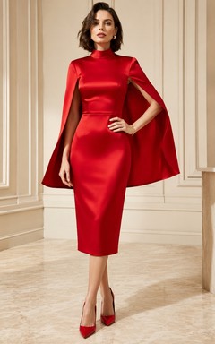 Robe de cocktail moderne en satin rouge à col montant et cape, longueur thé