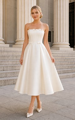 Ivory Strapless Satin Tea-Length A-Line Dress