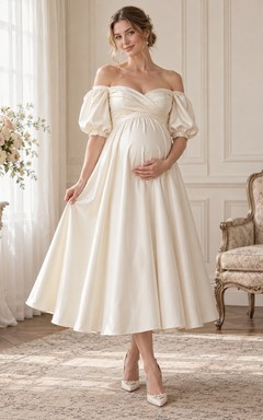 Vintage Maternity Tea-length Off Shoulder Puff Sleeve Satin Wedding Dress