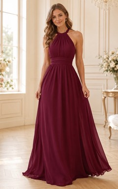 Burgundy Halter Sleeveless Chiffon A-Line Maid Of Honor Dress