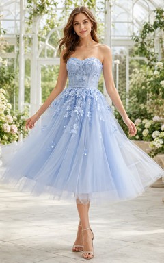 Romantic Sky Blue Strapless Tulle A-Line Tea-length Formal Dress