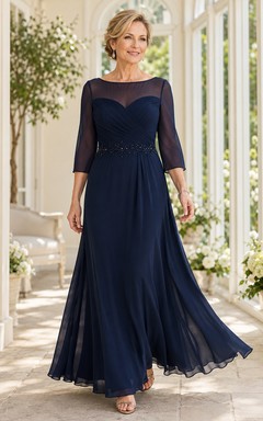 Dunkelblaues, transparentes Chiffon-Kleid in A-Linie mit U-Boot-Ausschnitt und Dreiviertelärmeln