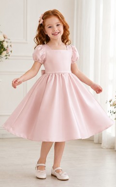 A-Line Flowergirl Satin Tea-Length Puff Sleeve Pink Minimalist Wedding Dress with Bow Back