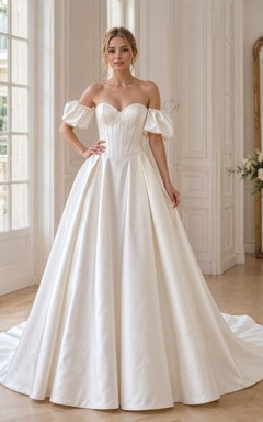 Vestido de novia de gala victoriano vintage con corsé de satén y hombros descubiertos