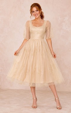 Champagne Square Neck Short Sleeve Tulle A-Line Tea-Length Dress