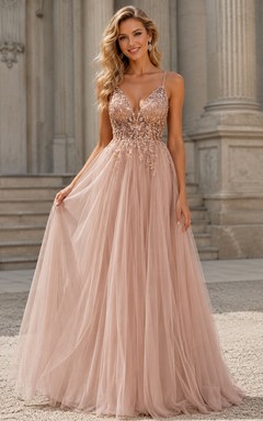 Casual Spaghetti Empire Tulle Pleated Prom Dress with Beaded Top