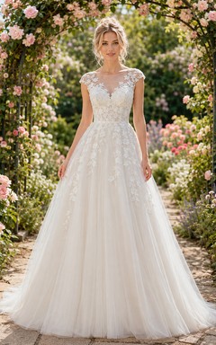 Brautkleid aus Illusion-Spitze, blühendem Garten, Tüll, A-Linie