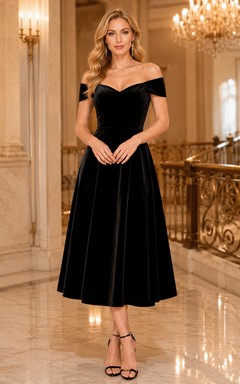 Black Off Shoulder Sweetheart Velvet Orchestra Concert Midi Dress