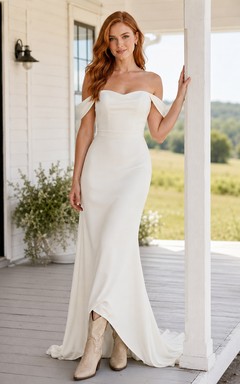Minimalist Crepe Mermaid Off Shoulder Short Sleeve Wedding Dress Simple