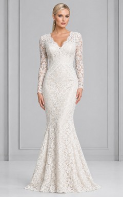 Robe de mariée sirène élégante en dentelle à manches longues et décolleté en V illusion, pour réception