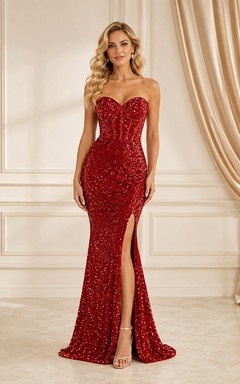 Rotes, paillettenbesetztes, trägerloses Meerjungfrauen-Abendkleid in Bodenlänge mit Herzausschnitt, Schleppe und Schlitz – ein luxuriöses Kleid für den großen Abend