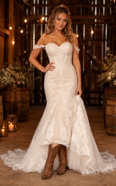 Robe de mariée de maternité en dentelle et tulle, col V, manches courtes et traîne champêtre
