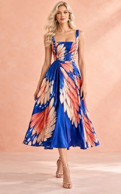 Square Neck Royal Blue Wing Print Satin Midi Cocktail Dress