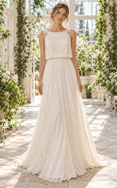Boho Simple Bateau Sleeveless Blouson Chiffon A-Line Wedding Dress