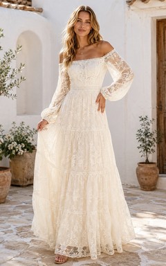 Boho Off-Shoulder Long Bell Sleeve Floral Lace A-Line Floor-Length Formal Dress