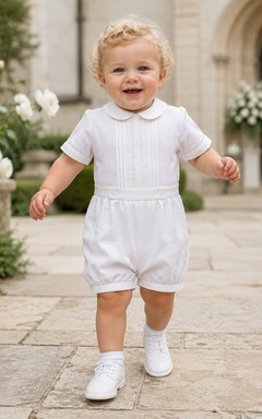 White Pintuck Sailor Collar Short Sleeve Christening Baby Romper for Baby Boy