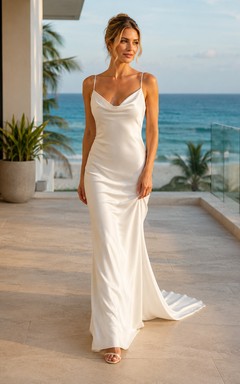 Robe de mariée sexy en satin à col bénitier et fines bretelles, fourreau, idéale pour une destination balnéaire