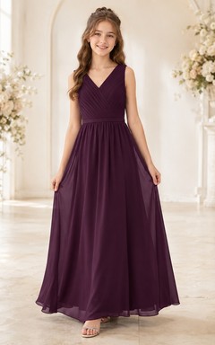Pflaumenfarbenes Brautjungfernkleid für junge Damen, A-Linie, V-Ausschnitt, ärmellos, elegant, formell