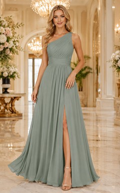 Evening Gala Formal Sage Simple Elegant A-Line Chiffon Bridesmaid Dress with One-Shoulder Sleeveless Floor-Length Slit Skirt Pleated Open Back