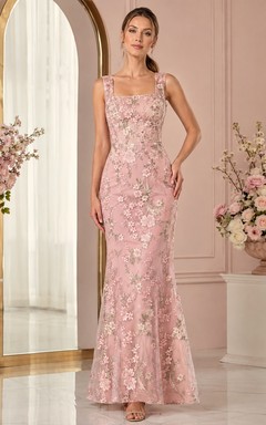 Square Neck Mermaid Floral Lace Pink Sleeveless Embroidered Evening Dress