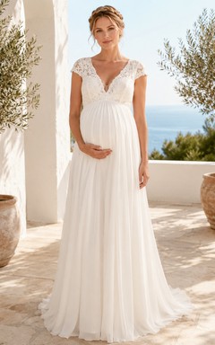 Maternity V-Neck Cap Sleeve Lace Empire Wedding Dress