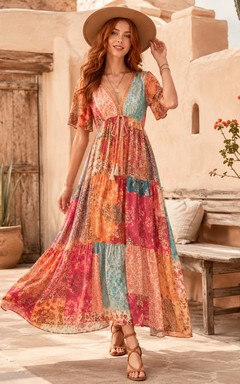 Robe longue à manches courtes et col en V, imprimé patchwork corail