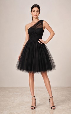 Black One-Shoulder Illusion Tulle Cocktail Dress