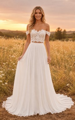 Two Piece Off Shoulder Lace Crop Meadow A Line Gown