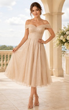 Robe midi courte en tulle champagne à épaules dénudées et manches courtes, coupe trapèze, pour petites tailles