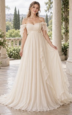 Vestido de novia sencillo de gasa fruncida hasta el suelo, con hombros descubiertos, escote corazón, corte imperio y mangas cortas.