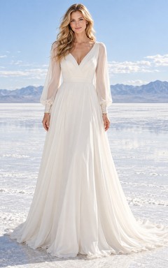 Vestido de novia sencillo de gasa lisa, corte en A, manga larga, escote en V y largo hasta el suelo