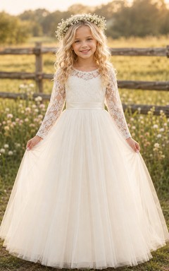 Blumenmädchenkleid, elfenbeinfarben, Spitze, Tüll, A-Linie, lange Ärmel, Rundhalsausschnitt, bodenlang