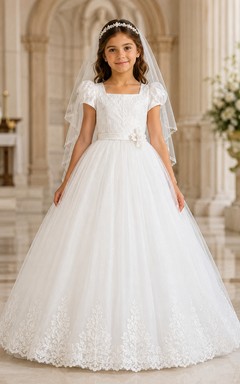 Puff Sleeve White Lace Tulle First Communion Ball Gown with Veil