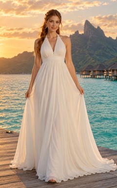 Schlichtes, ärmelloses A-Linien-Brautkleid mit Neckholder und V-Ausschnitt, gerafft