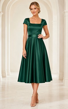 Robe de soirée en satin émeraude, manches courtes, col carré, coupe trapèze, longueur thé