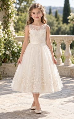 Modest Tea-length Ivory Sleeveless Floral Hem Illusion Lace Tulle Flower Girl Dress