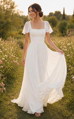 Robe de mariée d'été en mousseline respirante, col carré, manches papillon, coupe trapèze, col carré
