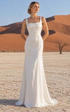 Vestido de novia sencillo de satén sin mangas con escote cuadrado, tirantes anchos, botones en la espalda y cola larga.