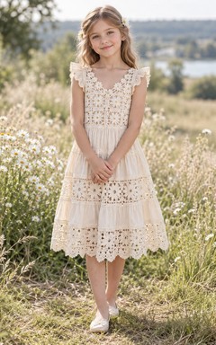 Boho Vintage Tea-length Cream V-neck Ruffle Strap Tiered Lace Flower Girl Dress