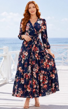 Marineblaues, geblümtes Wickelkleid mit V-Ausschnitt und langen Ärmeln, Midi-Länge, Gästekleid
