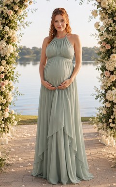 Salbeigrünes, halterloses, drapiertes Chiffon-Umstandskleid im Empire-Stil