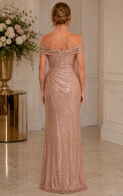 Blushing Pink Off-the-Shoulder Sequin Sheath Mother Dress