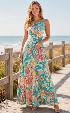 Vestido largo sin mangas de batik con estampado paisley turquesa para resort de playa