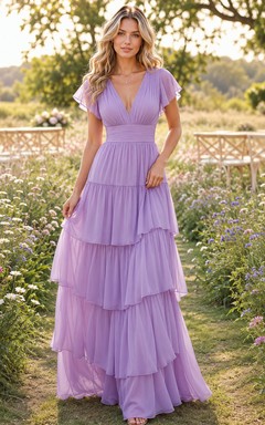 Lilac V Neck Flutter Sleeve Tiered Chiffon Maxi Guest Dress