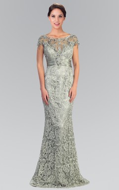 Sheath Long Bateau Short Sleeve Lace Dress With Sequins