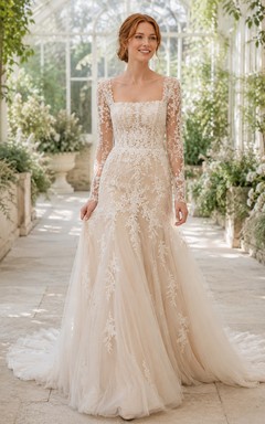 Robe de mariée longue à col en V et manches longues en dentelle, longueur au sol