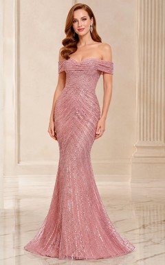 Dusty Rose Sequined Off-the-shoulder Mermaid Floor-length Luxury Evening Gown