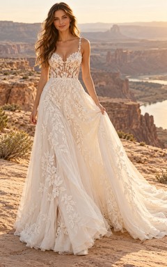 Boho V-neck Spaghetti Strap Floral Chiffon A-line Train Wedding Dress