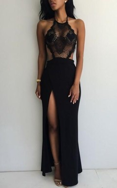 Sexy Black Halter Lace Prom Dress Front Split Long Evening Party Gowns